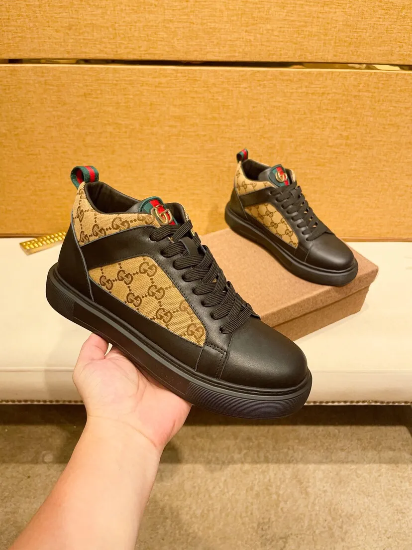 Factory price 460 [Gucci] Gucci's latest high-top casual Korean-style men's shoes, new autumn and winter design, perfect workmanship, cabinet quality, upper: cowhide material, leather lining; soft and comfortable, rubber outsole ultra-light, wear-resistant, simple, versatile fashion men's shoes, color optional, size 38--44